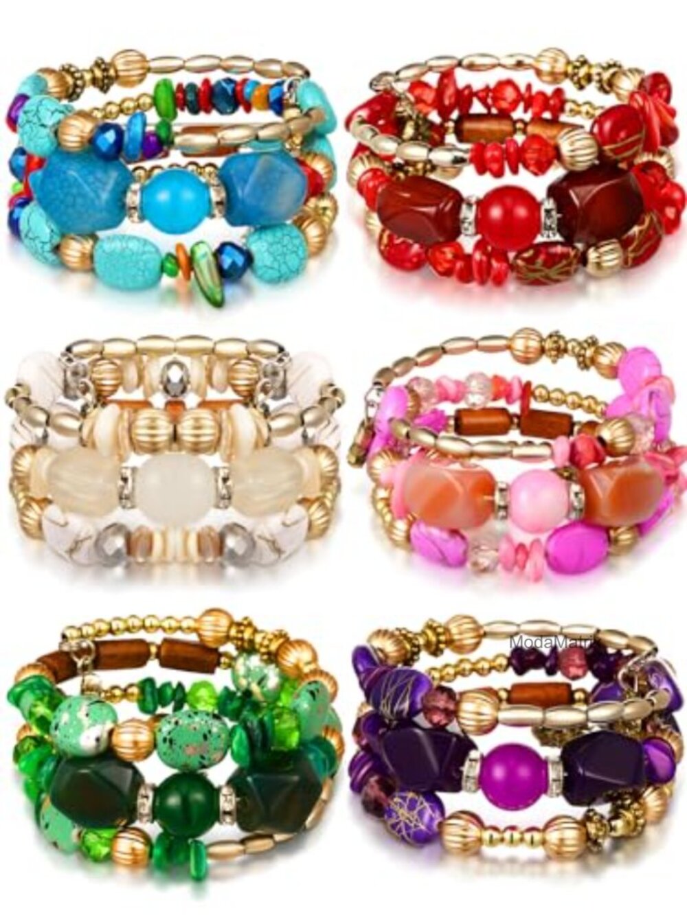6 Pc Boho Multilayer Agate Beads Charm Bracelets Elastic Stretch Vintage Yoga